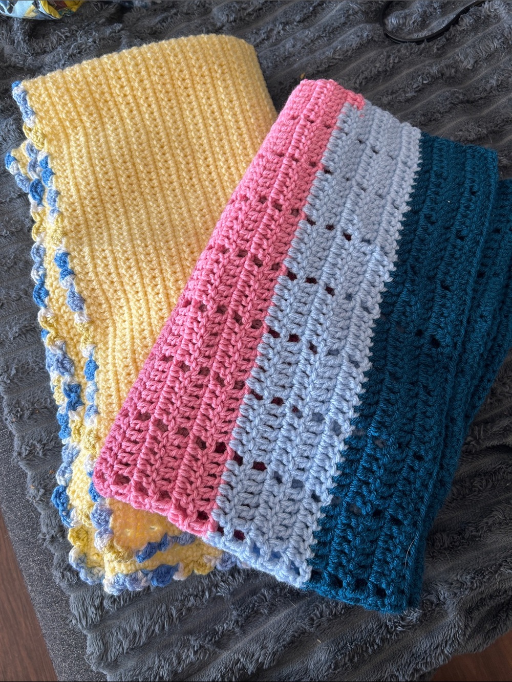 2 Bundles Of Handmade Crochet Baby Blankets in Pink, Light Blue, Teal & Yellow